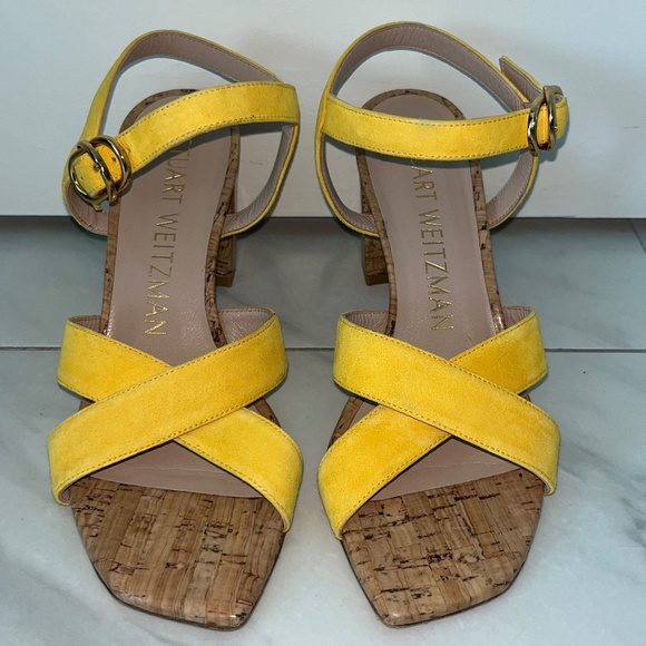 Stuart Weitzman Yellow Suede Cork Block Heel Sandals – Size 37 - Picture 1 of 9